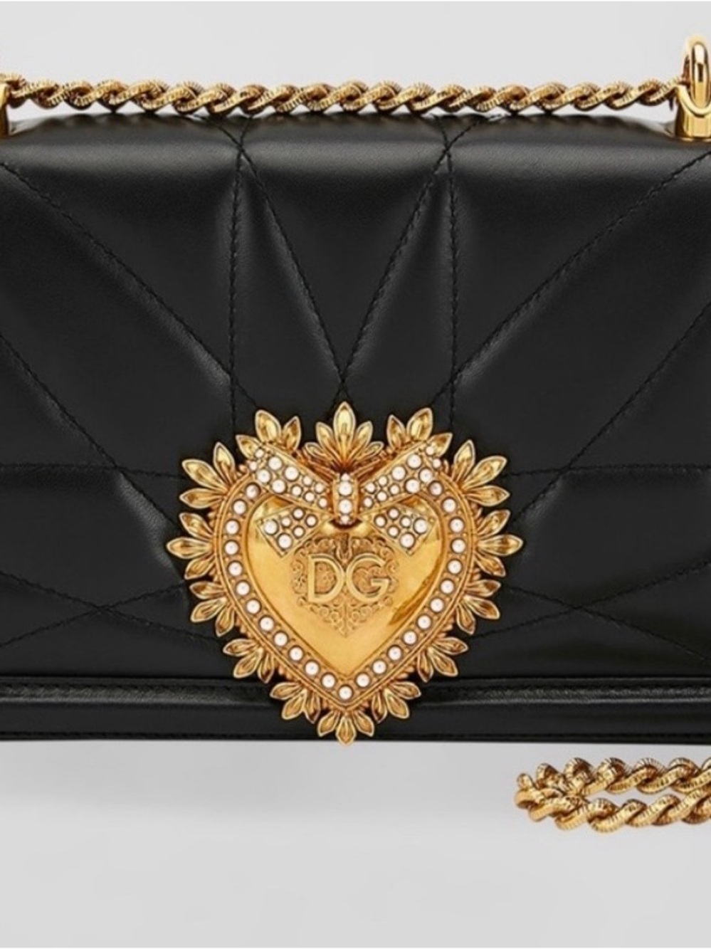 Dolce & Gabbana Devotion Black Leather Bag Gold & Pearl Heart Devotion